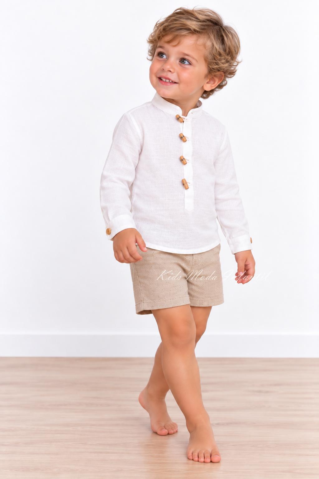 Conjunto Ceremonia Bebé y Niño Camisa Lino Blanco Roto y Pantalón Camel