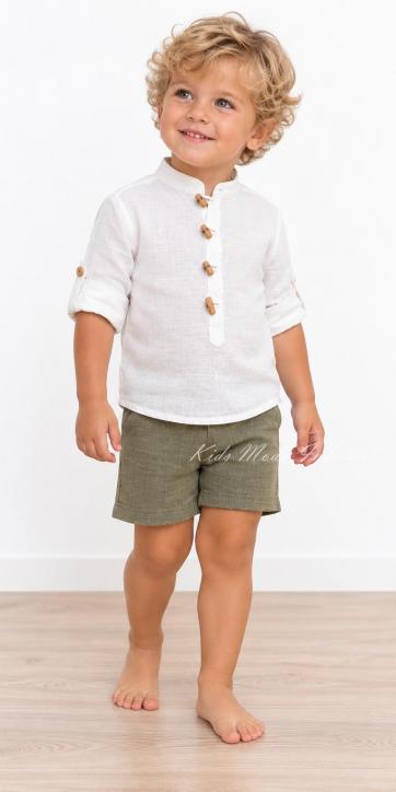 Conjunto Ceremonia Bebé y Niño Camisa Lino Blanco Roto y Pantalón Verde Oliva [2]
