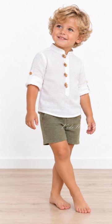Conjunto Ceremonia Bebé y Niño Camisa Lino Blanco Roto y Pantalón Verde Oliva [1]