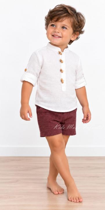 Conjunto Ceremonia Bebé y Niño Camisa Lino Blanco Roto y Pantalón Burdeos [2]