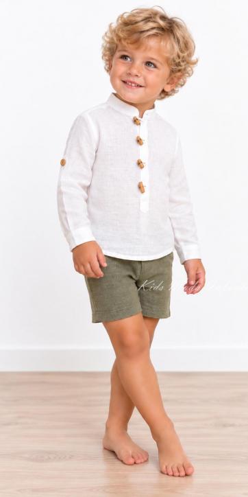 Conjunto Ceremonia Bebé y Niño Camisa Lino Blanco Roto y Pantalón Verde Oliva [0]