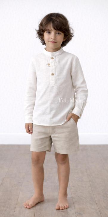 Conjunto ceremonia niño beige lino camisa cuello mao y bermuda Basmarti | Kids Moda Infantil [1]