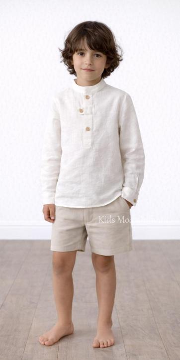 Conjunto ceremonia niño beige lino camisa cuello mao y bermuda Basmarti | Kids Moda Infantil [0]