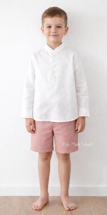 Conjunto ceremonia niño camisa lino y bermuda rosa empolvado Eva Martínez Artesanía