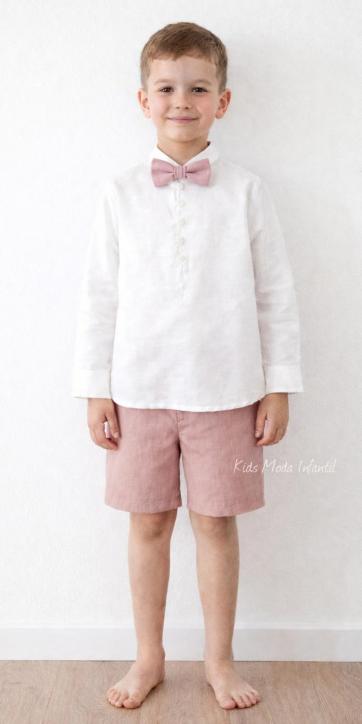 Conjunto ceremonia niño camisa lino y bermuda rosa empolvado Eva Martínez Artesanía [2]