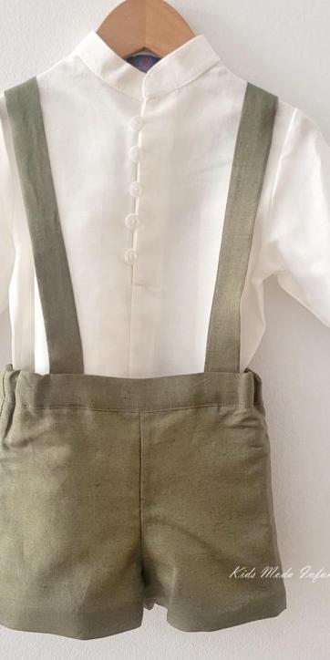 Conjunto ceremonia niño camisa y peto con tirantes verde oliva de Eva Martinez Artesanía [6]