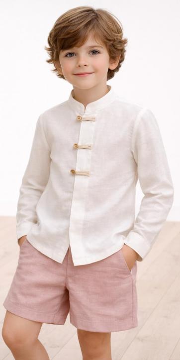 Conjunto ceremonia niño lino blanco roto y bermuda rosa empolvado Basmarti | Kids Moda Infantil