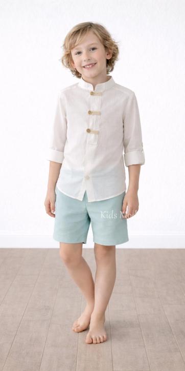 Conjunto ceremonia niño lino blanco roto y bermuda verde agua Basmarti | Kids Moda Infantil [1]