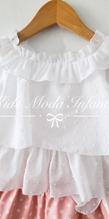 Conjunto niña blusa blanca y falda rosa de lunares estampados Cuka [2]