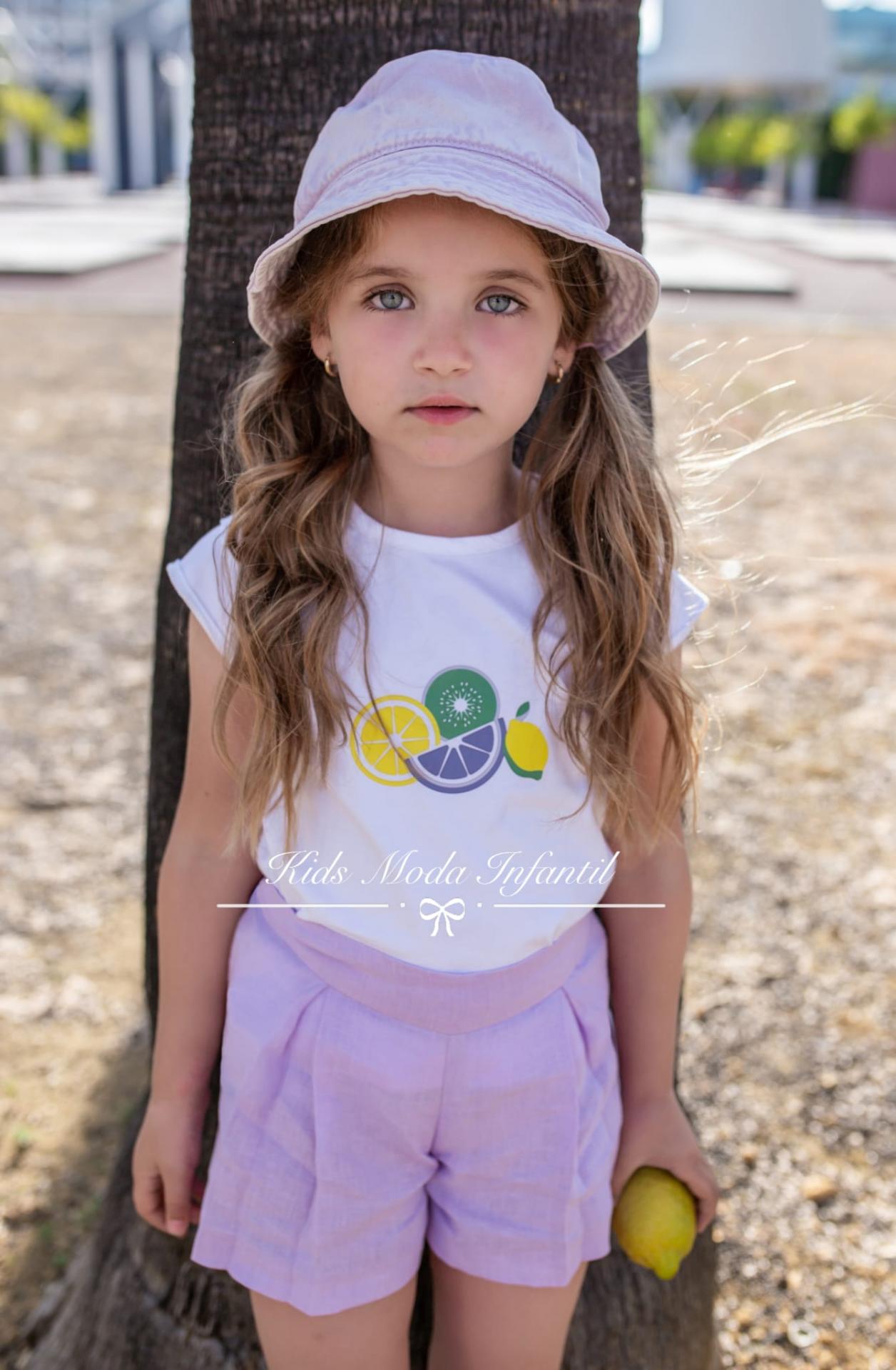 Conjunto niña verano camiseta y short lino lila Vera Moda Infantil
