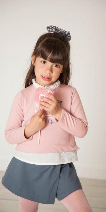 Conjunto niña vestir blusa estampada flores culetín falda rosa de topos  blancos basmarti