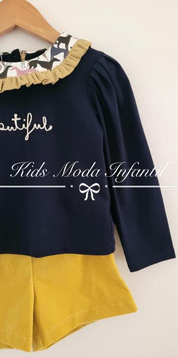 Conjunto niña camiseta marino beautiful con short mostaza de Coco Acqua Moda Infantil [4]