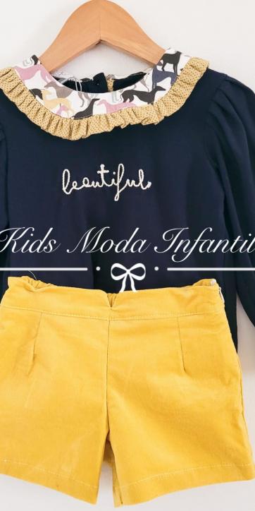 Conjunto niña camiseta marino beautiful con short mostaza de Coco Acqua Moda Infantil [2]