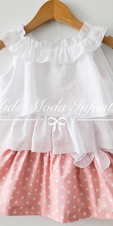 Conjunto niña blusa blanca y falda rosa de lunares estampados Cuka [0]