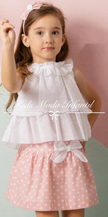 Conjunto niña blusa blanca y falda rosa de lunares estampados Cuka [1]