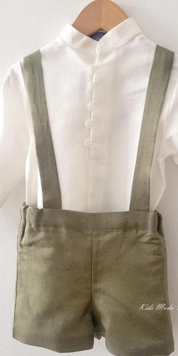 Conjunto ceremonia niño camisa y peto con tirantes verde oliva de Eva Martinez Artesanía [4]
