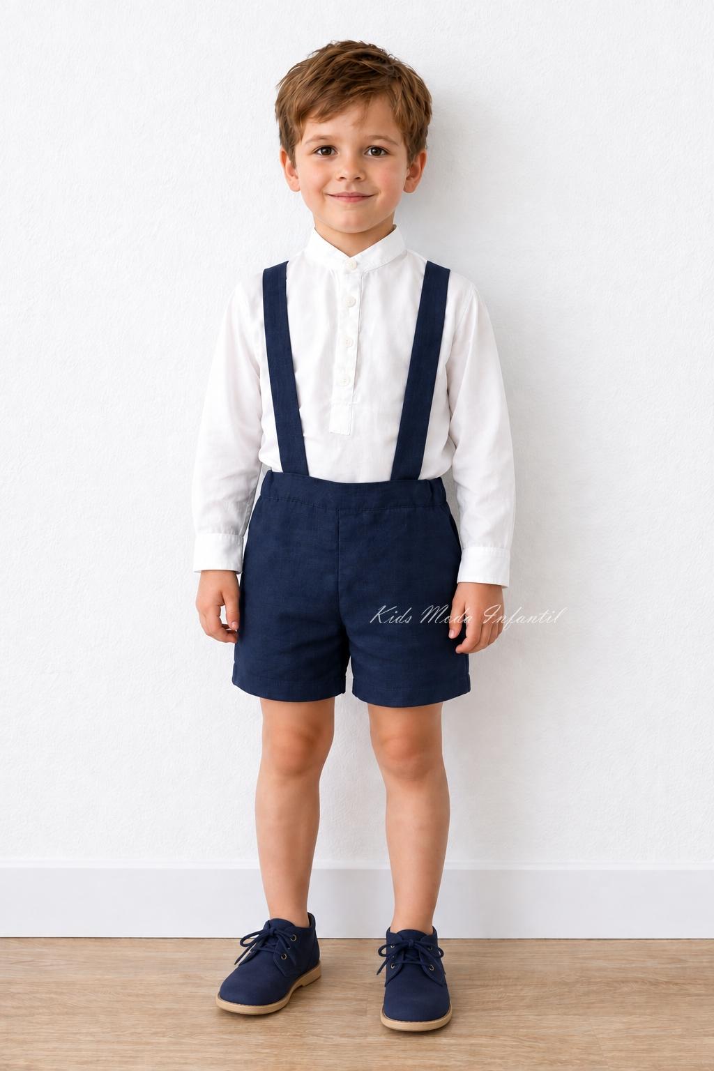 Conjunto Ceremonia y Arras Niño Azul Marino con Camisa Cuello Mao y Peto – Eva Martínez Artesanía