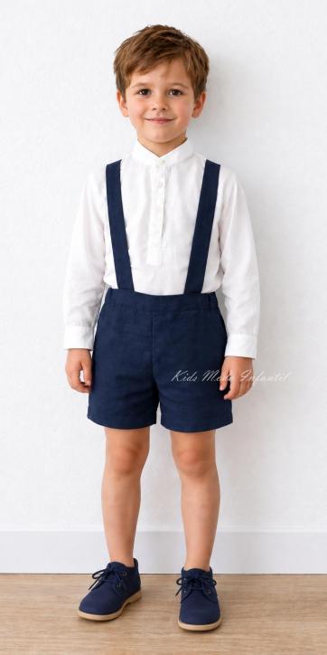 Conjunto Ceremonia y Arras Niño Azul Marino con Camisa Cuello Mao y Peto – Eva Martínez Artesanía [0]
