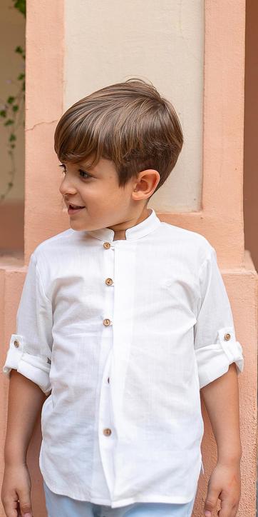 Conjunto ceremonia niño camisa lino blanco roto y bermuda azul empolvado coco acqua 60449 [1]