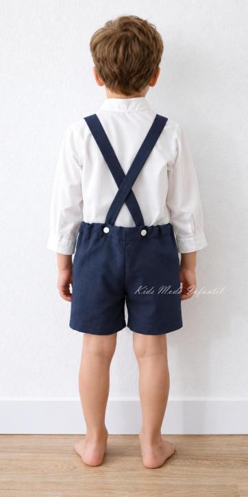 Conjunto Ceremonia y Arras Niño Azul Marino con Camisa Cuello Mao y Peto – Eva Martínez Artesanía [1]