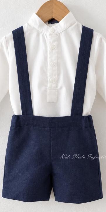 Conjunto Ceremonia y Arras Niño Azul Marino con Camisa Cuello Mao y Peto – Eva Martínez Artesanía [2]