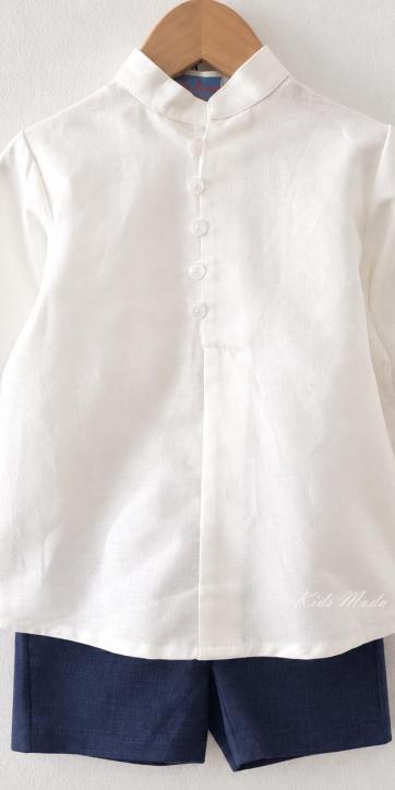 Conjunto ceremonia niño camisa lino y bermuda chino azul marino Eva Martínez Artesanía [1]