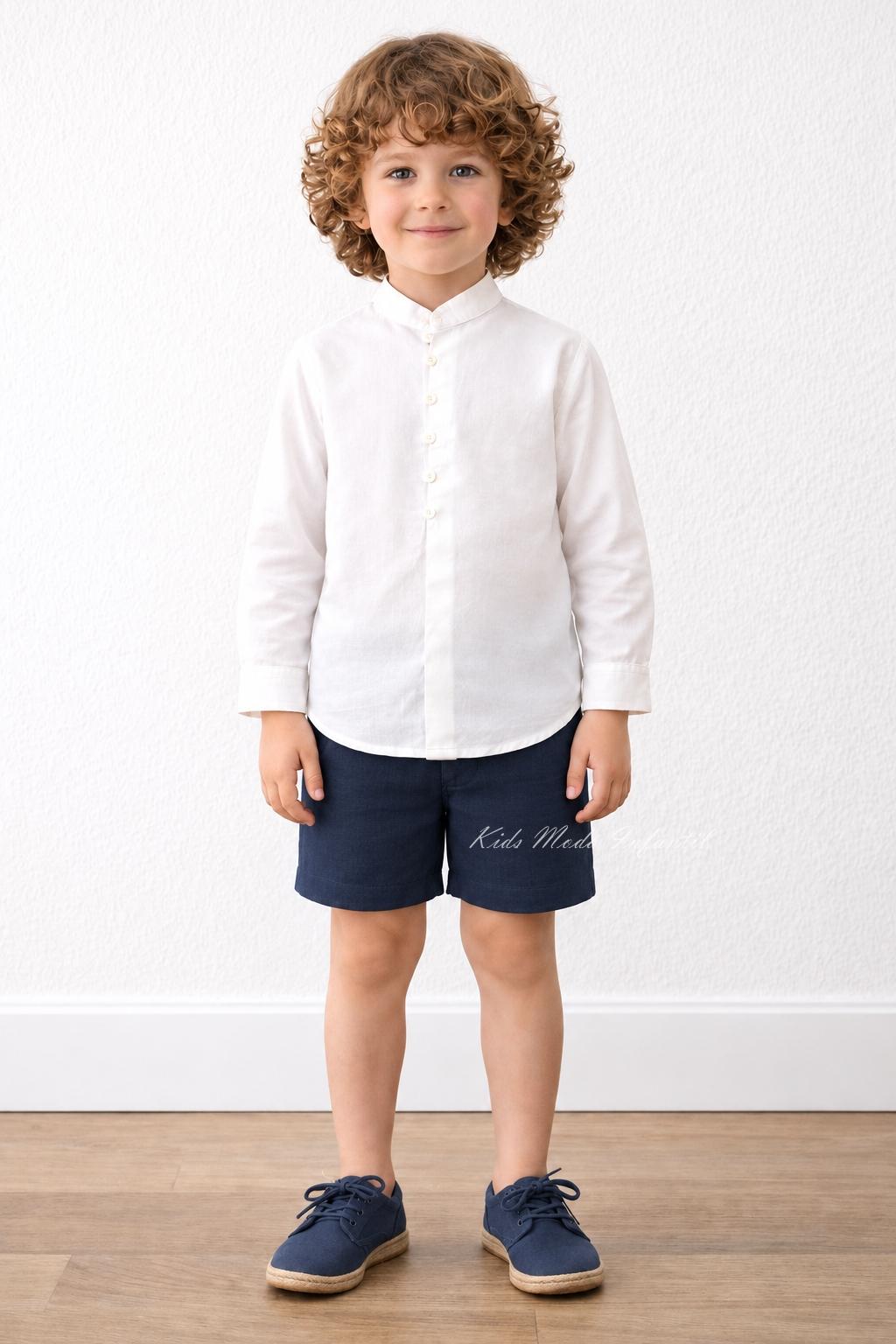 Conjunto ceremonia niño camisa lino y bermuda chino azul marino Eva Martínez Artesanía