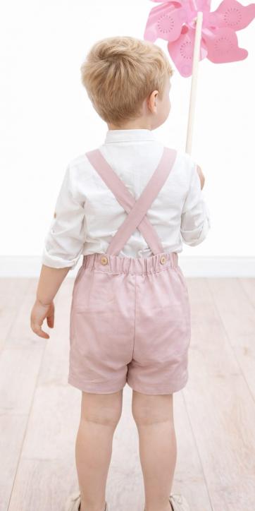 Conjunto ceremonia niño camisa lino y bermuda con tirantes rosa empolvado de coco acqua [1]