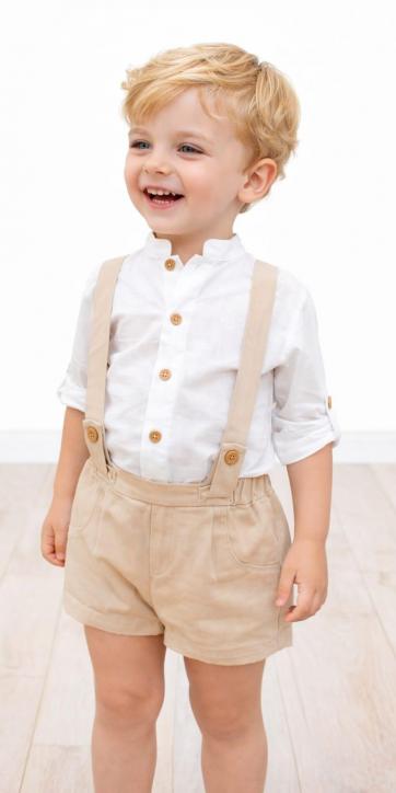 Conjunto ceremonia niño camisa lino y bermuda con tirantes camel de coco acqua [1]
