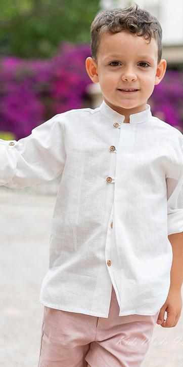 Conjunto ceremonia niño camisa lino blanco roto y bermuda rosa empolvado coco acqua 60436 [1]