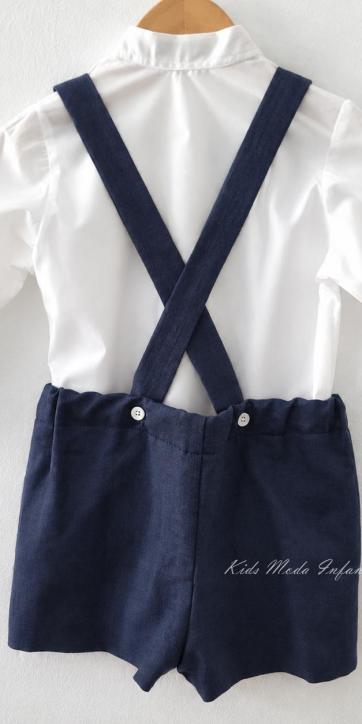 Conjunto Ceremonia y Arras Niño Azul Marino con Camisa Cuello Mao y Peto – Eva Martínez Artesanía [3]