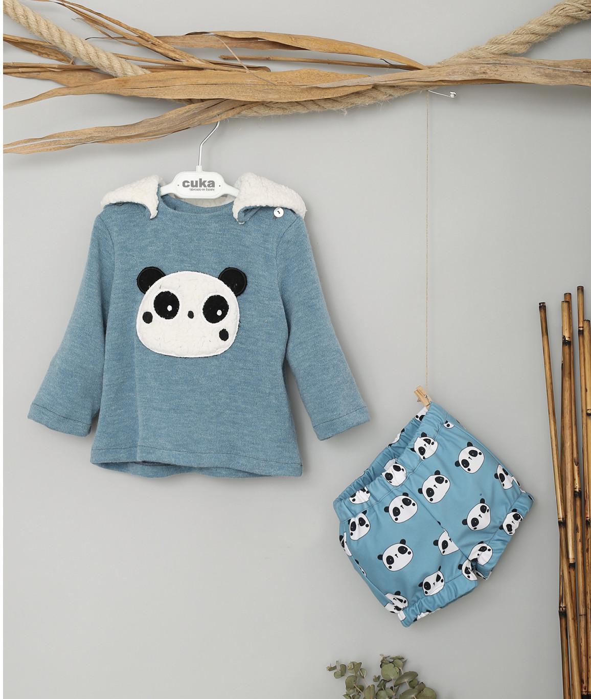 Conjunto bebe niño vestir jersey punto oso panda y bombacho de Cuka Moda Infantil