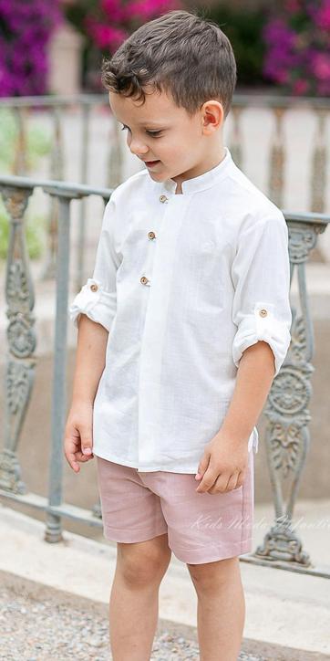 Conjunto ceremonia niño camisa lino blanco roto y bermuda rosa empolvado coco acqua 60436