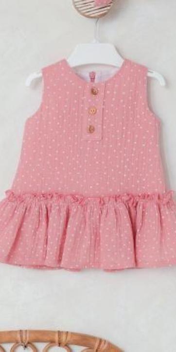 Vestido bebe rosa empolvado de topos blancos estampados de Cuka
