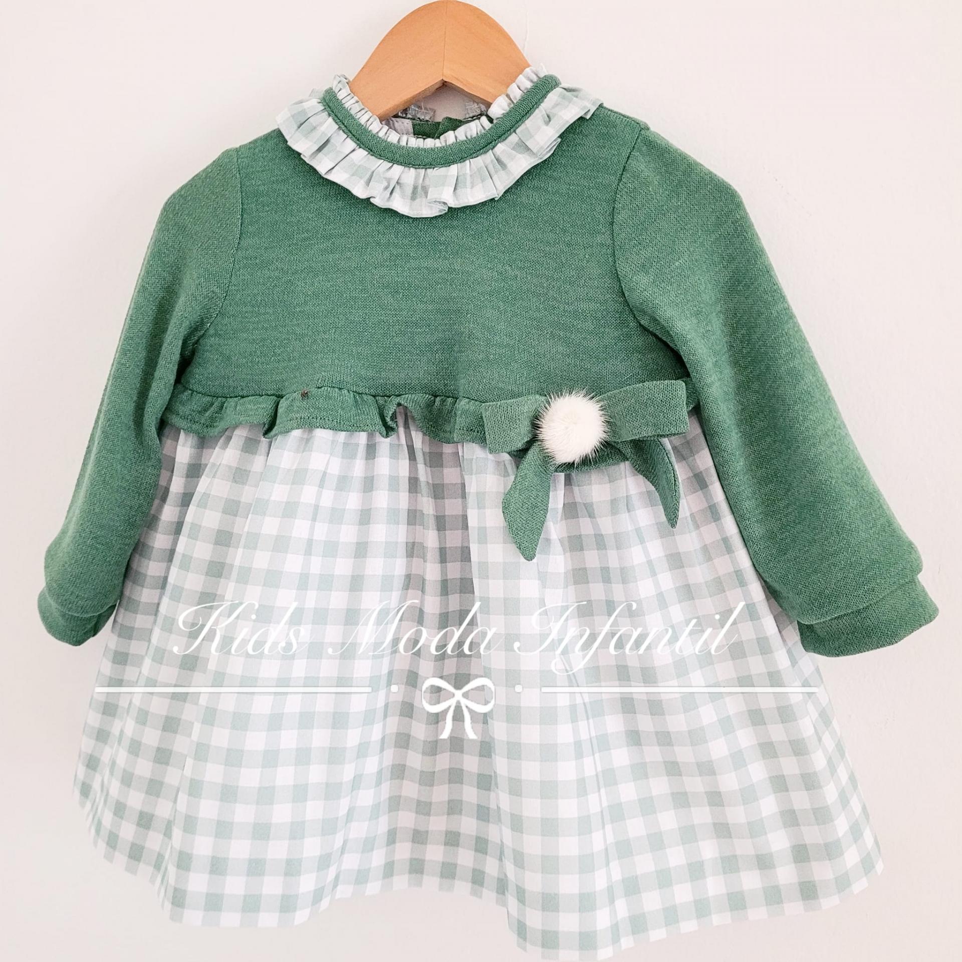 Vestido bebe niña de punto verde y falda cuadros vichy de Cuka