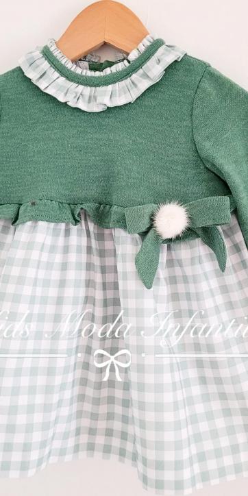 Vestido bebe niña de punto verde y falda cuadros vichy de Cuka [0]
