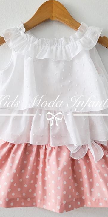 Conjunto niña blusa blanca y falda rosa de lunares estampados Cuka [4]