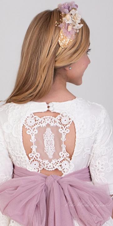 Vestido de Comunión Nekenia 2621814 Blanco con Fajín de Tul Rosa Empolvado – Colección Comunión 2026 [4]