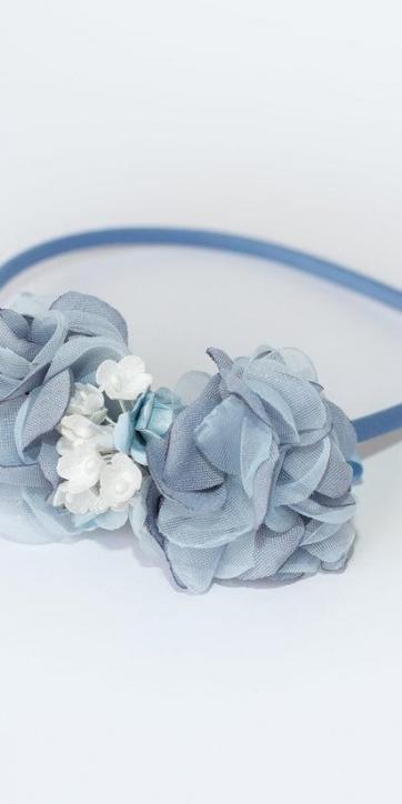 Diadema ceremonia niña con flores azul atenuado, flores blancas y azul Coco Acqua [0]