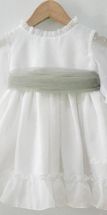 Vestido ceremonia niña plumeti cristal con fajín verde oliva Eva Martínez Artesanía 32111 [7]
