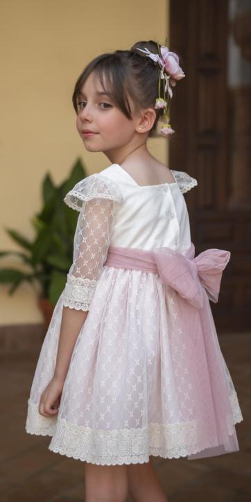 Vestido niña ceremonia tul media manga en rosa empolvado Eva Martínez Artesanía