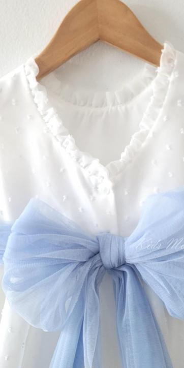 Vestido ceremonia niña plumeti cristal con fajín tul azul Eva Martínez Artesanía [2]