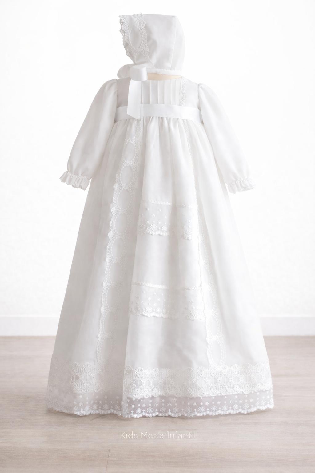 Faldón Bautizo Bebé Manga Larga en Gasa Blanca con Cinta Blanca – Familia 6