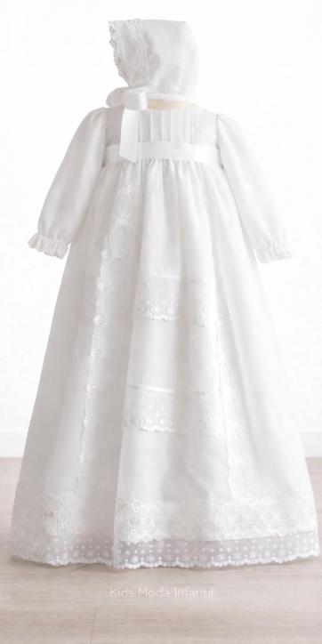 Faldón Bautizo Bebé Manga Larga en Gasa Blanca con Cinta Blanca – Familia 6