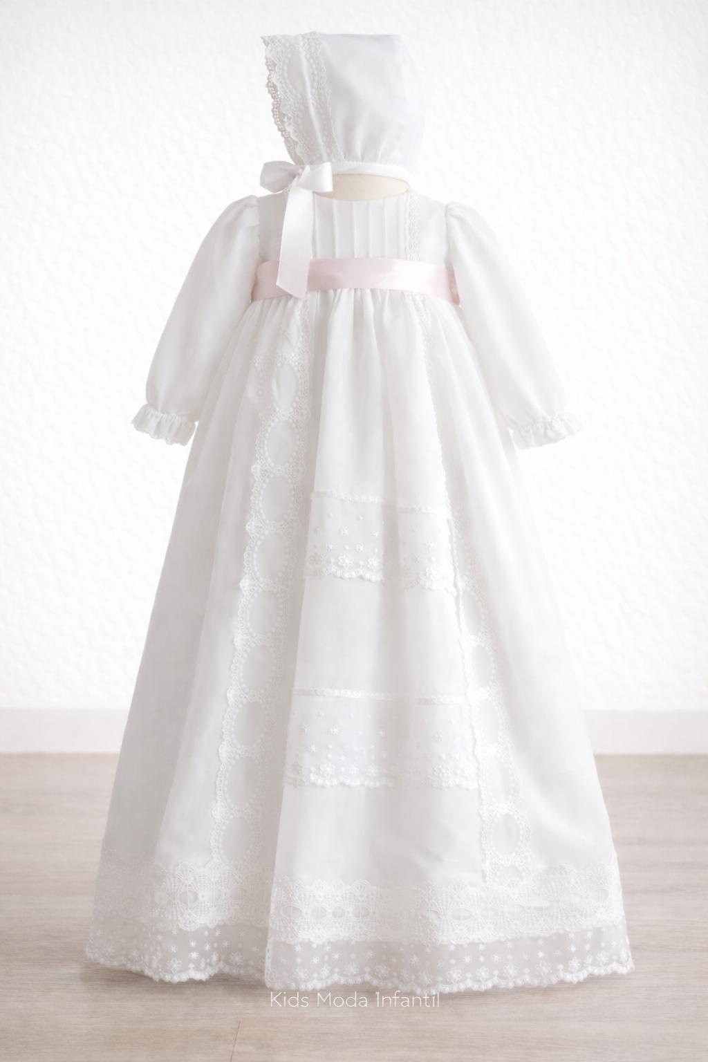 Faldón Bautizo Bebé Manga Larga en Gasa Blanca con Cinta Rosa – Familia 6