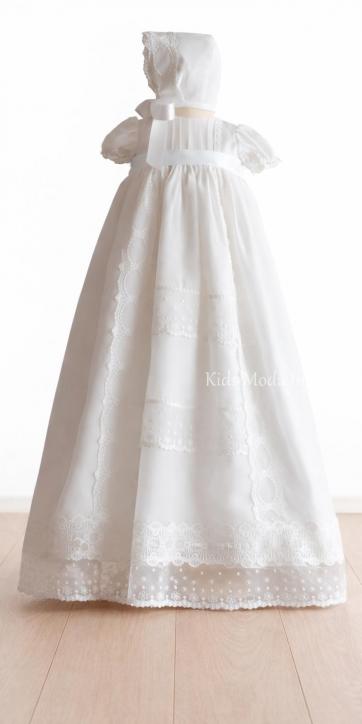 Faldón de Bautizo para Bebé en Gasa Rosa Bebé con Cinta Blanca Manga Corta – Familia 6 | Eva Martínez Artesanía | Kids Moda Infantil [0]