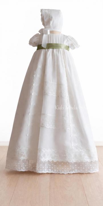 Faldón de Bautizo para Bebé en Gasa Verde Oliva con Cinta Blanca Manga Corta – Familia 6 | Eva Martínez Artesanía | Kids Moda Infantil