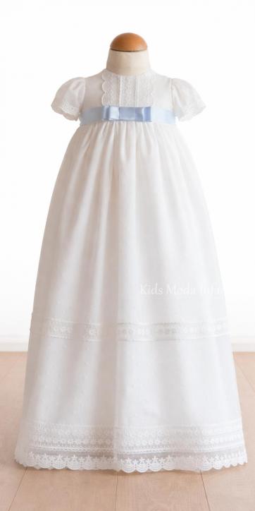 Faldón de bautizo para bebé en tul blanco con lazo azul manga corta – Familia 2 | Eva Martínez Artesanía | Kids Moda Infantil [0]