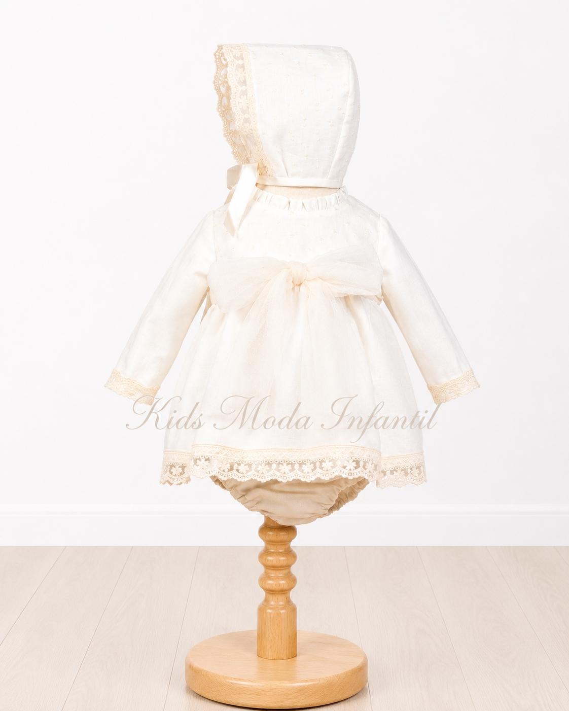 Jesusito Bautizo Bebé de Lino Encanto Natural – Manga Larga con Capota, Braguita y Lazo Beige