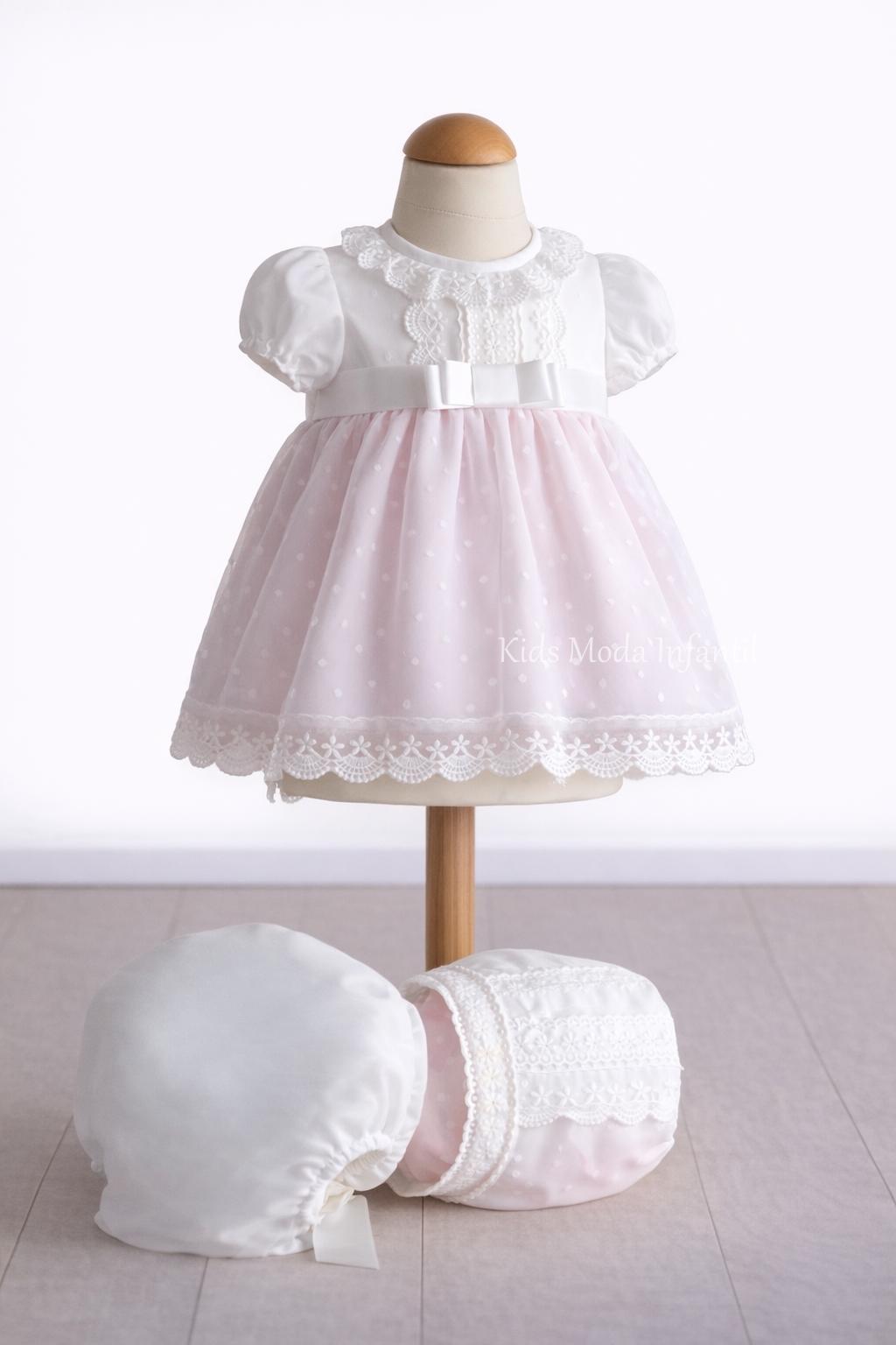 Vestido Jesusito de Bautizo Bebé Tul Rosa Empolvado Manga Corta con Braguita – Familia 2